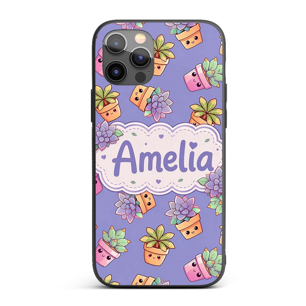 Cute Kawaii Succulent Plant Pots Printed Design Custom Name Protective Phone Case Mobile Cover Durable Everyday Smartphone Shock Resistant