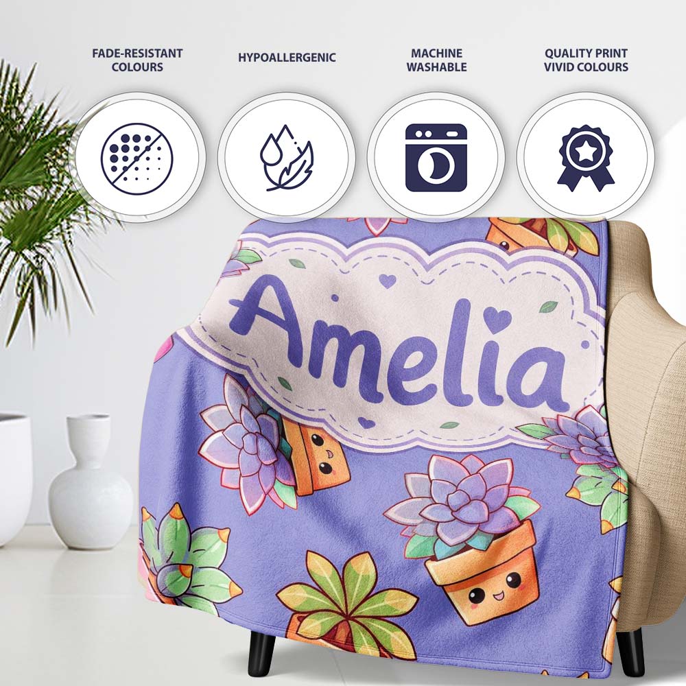 Cute Kawaii Succulent Plant Pots Lavendar Background Seamless Personalised Custom Name Super Soft Fleece Blanket Bed Sofa Throw