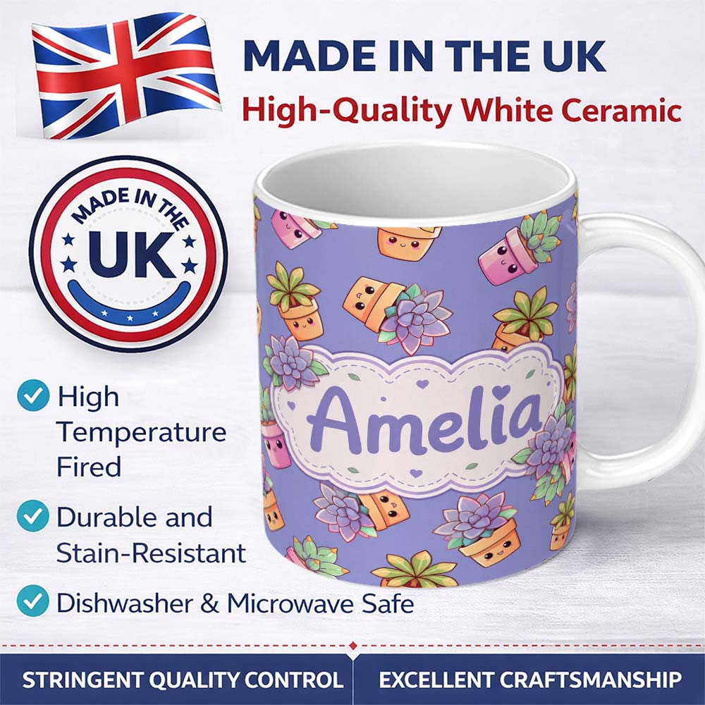 Personalized Custom Name Cute Kawaii Succulent Plant Pots Lavendar Background Seamless 11oz Ceramic Coffee Tea Mug White Large Handle