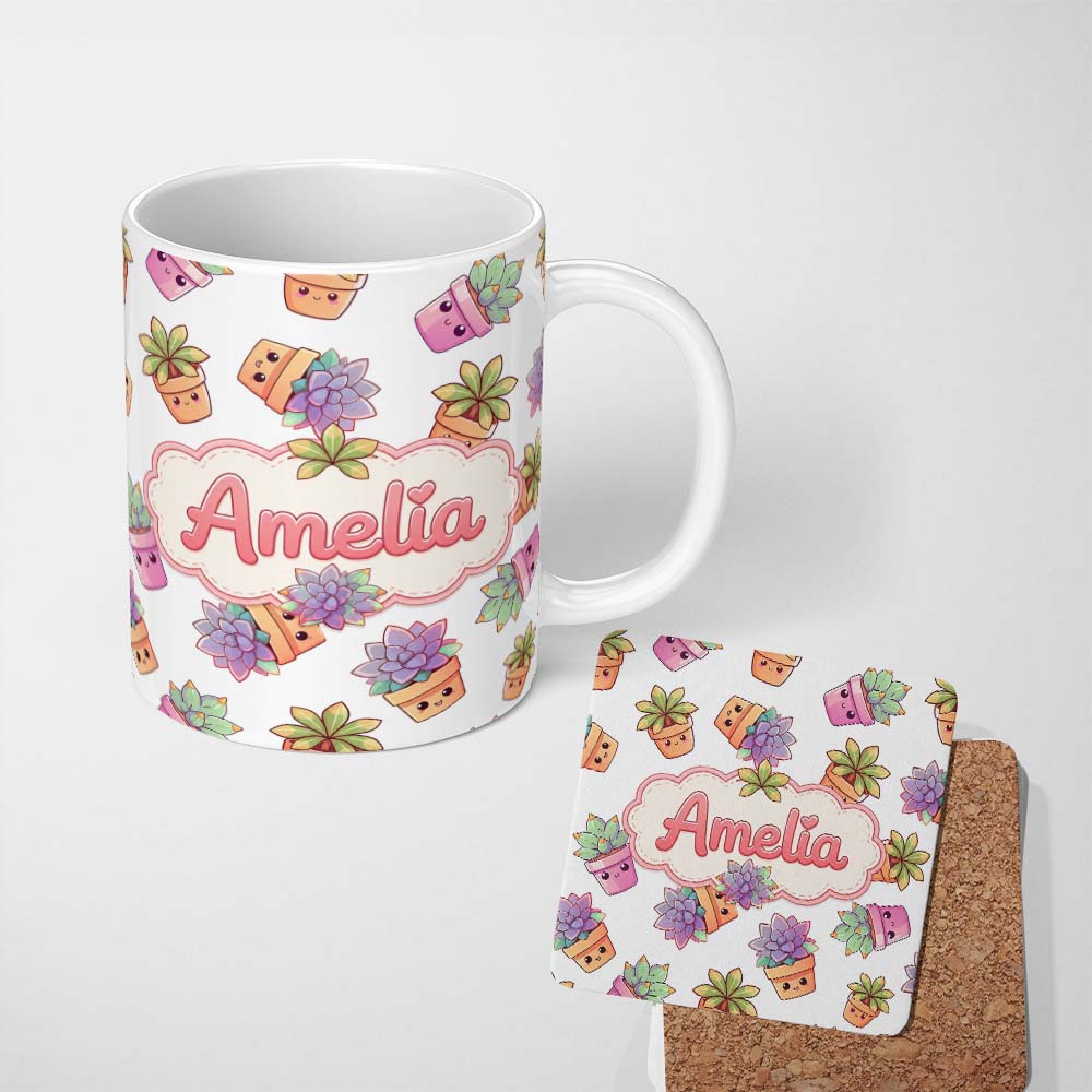 Personalized Custom Name Cute Kawaii Succulent Plant Pots Light Grey Background Seamless 11oz Ceramic Coffee Tea Mug White Large Handle