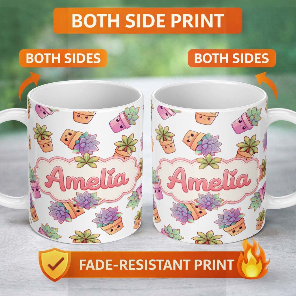 Personalized Custom Name Cute Kawaii Succulent Plant Pots Light Grey Background Seamless 11oz Ceramic Coffee Tea Mug White Large Handle