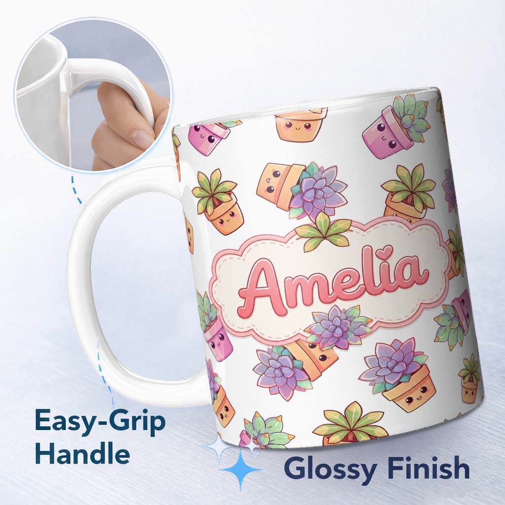 Personalized Custom Name Cute Kawaii Succulent Plant Pots Light Grey Background Seamless 11oz Ceramic Coffee Tea Mug White Large Handle