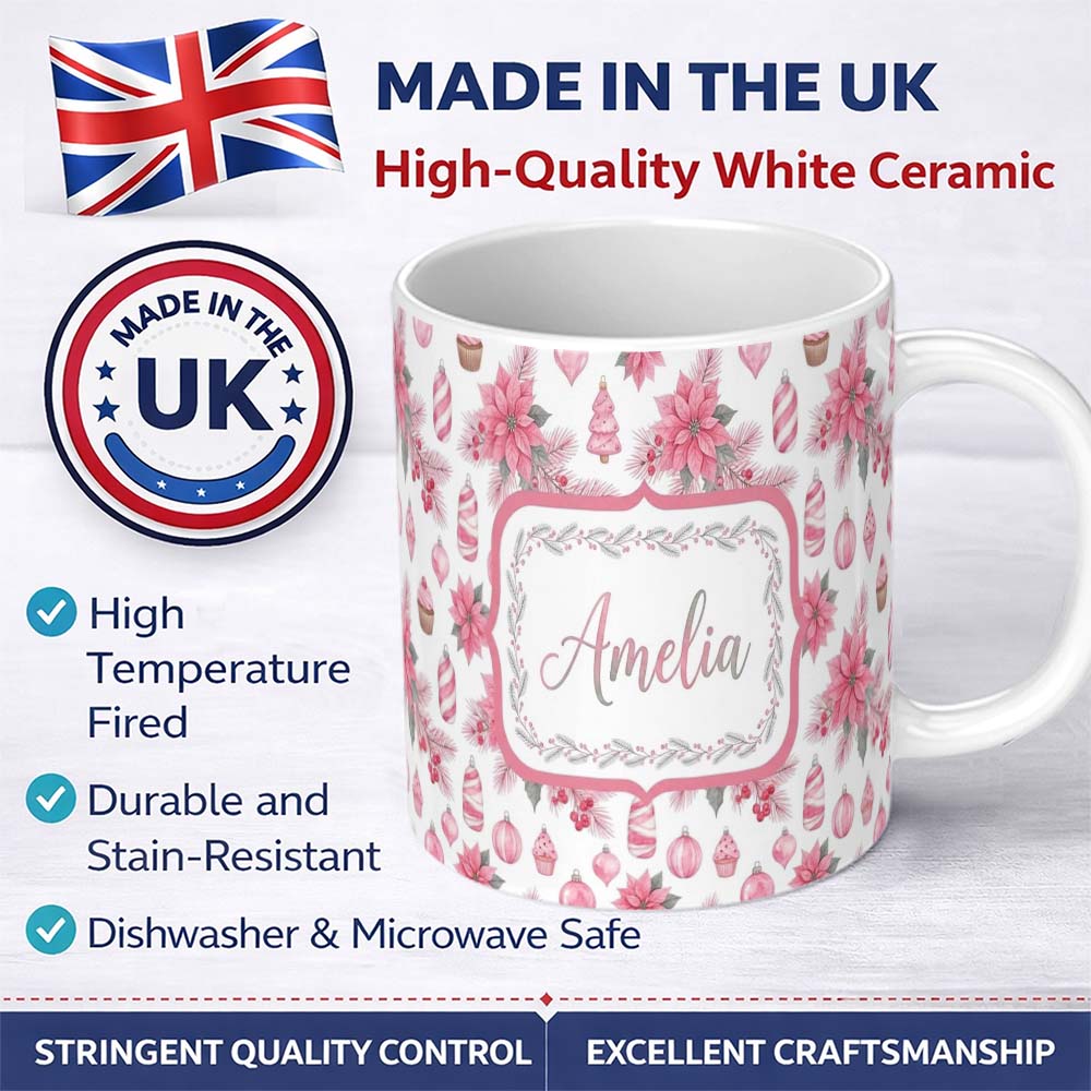 Personalized Custom Name Elegant Pink Christmas Ornaments Holly Leaves Watercolor Seamless 11oz Ceramic Coffee Tea Mug White Large Handle