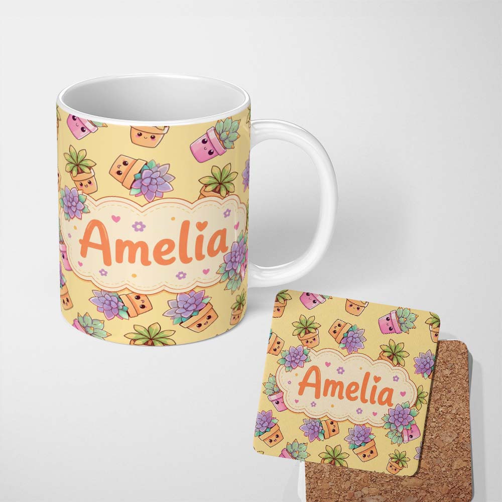 Personalized Custom Name Cute Kawaii Succulent Plant Pots Soft Yellow Background Seamless 11oz Ceramic Coffee Tea Mug White Large Handle