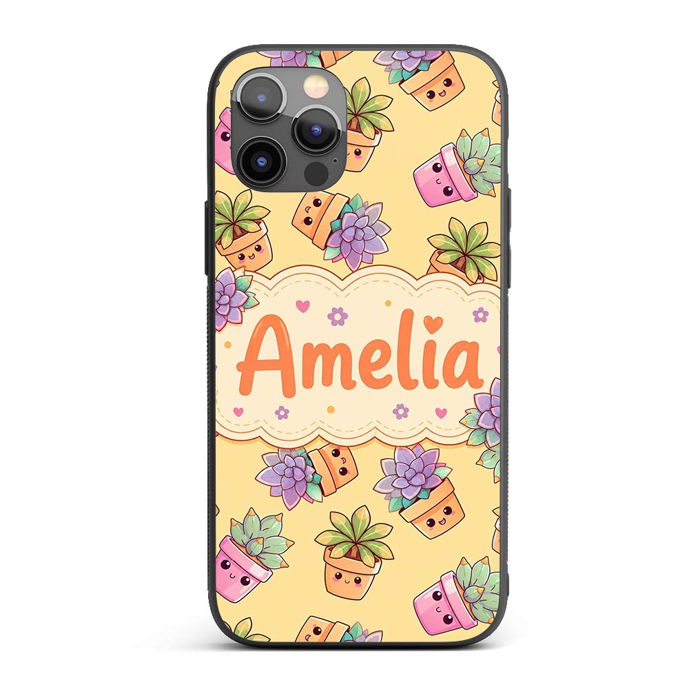 Cute Kawaii Succulent Plant Pots Soft Yellow Custom Name Protective Phone Case Mobile Cover Durable Everyday Smartphone Shock Resistant