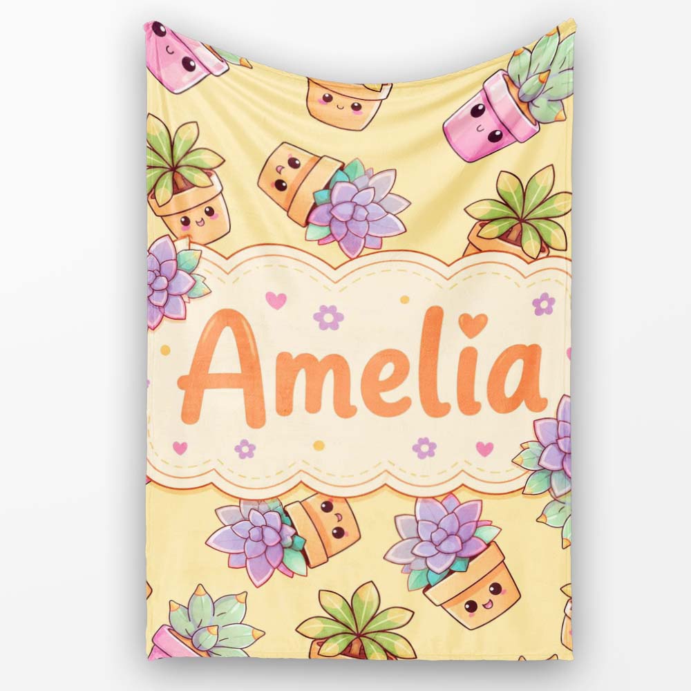Cute Kawaii Succulent Plant Pots Soft Yellow Background Seamless Personalised Custom Name Super Soft Fleece Blanket Bed Sofa Throw