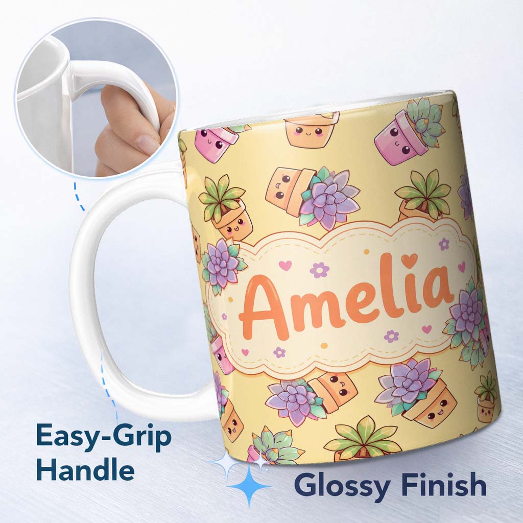 Personalized Custom Name Cute Kawaii Succulent Plant Pots Soft Yellow Background Seamless 11oz Ceramic Coffee Tea Mug White Large Handle
