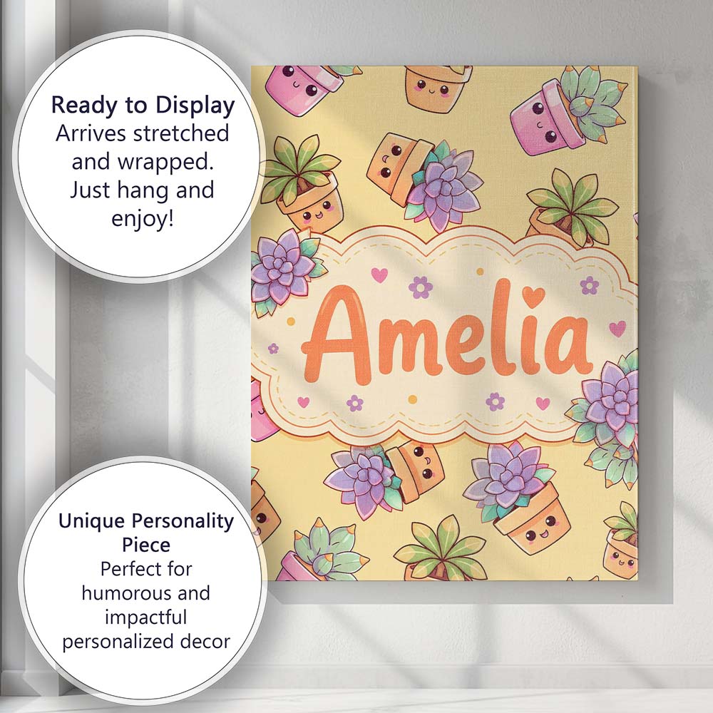 Personalised Name Cute Kawaii Succulent Custom Modern Room Accent Elegant Feature Canvas Wall Art Print Decor Picture Ready to Hang