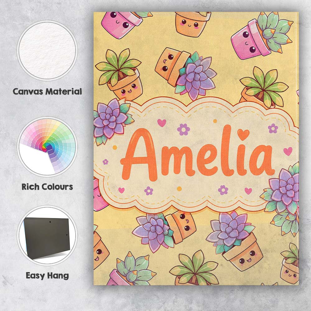 Personalised Name Cute Kawaii Succulent Custom Modern Room Accent Elegant Feature Canvas Wall Art Print Decor Picture Ready to Hang