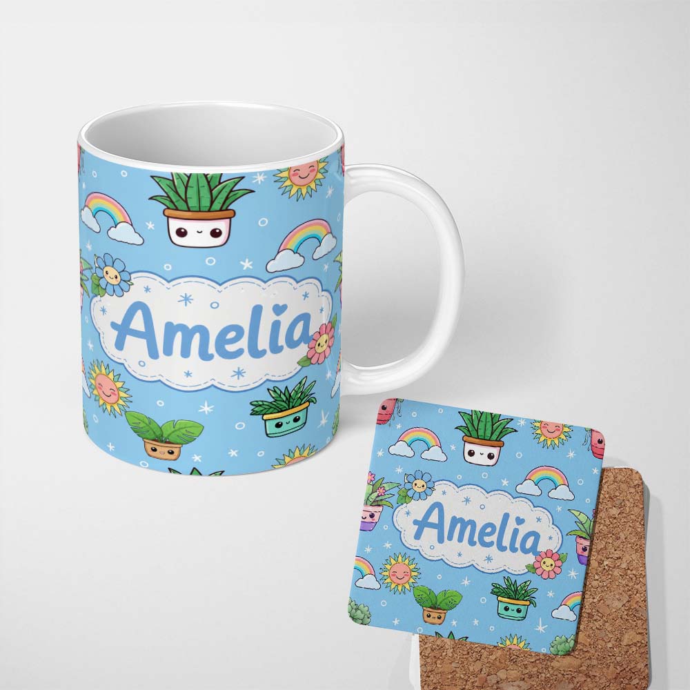 Personalized Custom Name Cute Kawaii Tropical Plants Rainbow Sun Blue Background Seamless 11oz Ceramic Coffee Tea Mug White Large Handle
