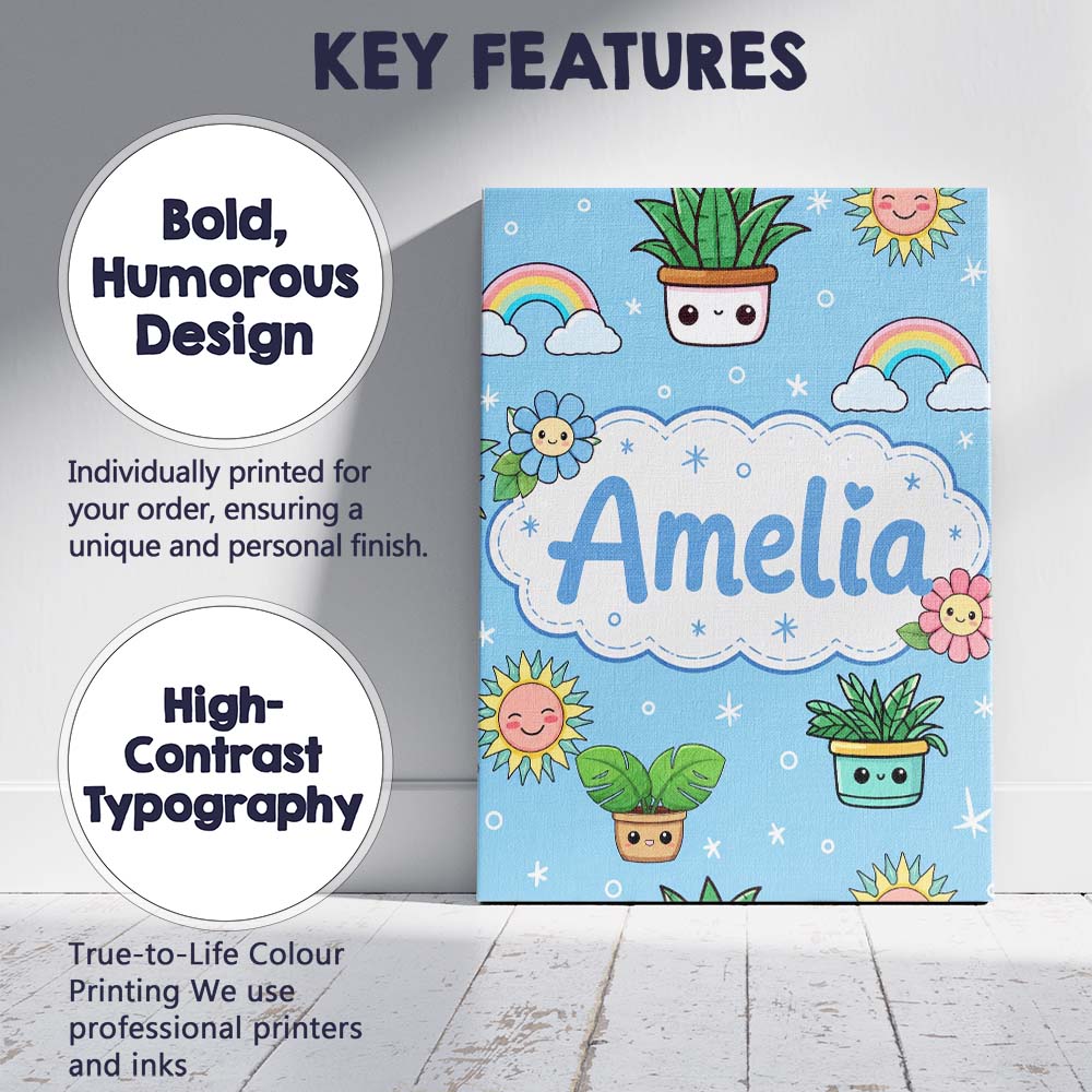 Personalised Name Cute Kawaii Tropical Custom Modern Room Accent Elegant Feature Canvas Wall Art Print Decor Picture Ready to Hang