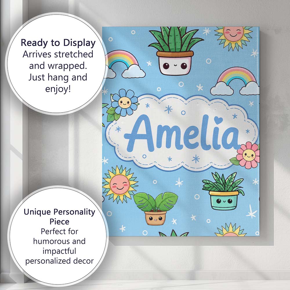 Personalised Name Cute Kawaii Tropical Custom Modern Room Accent Elegant Feature Canvas Wall Art Print Decor Picture Ready to Hang