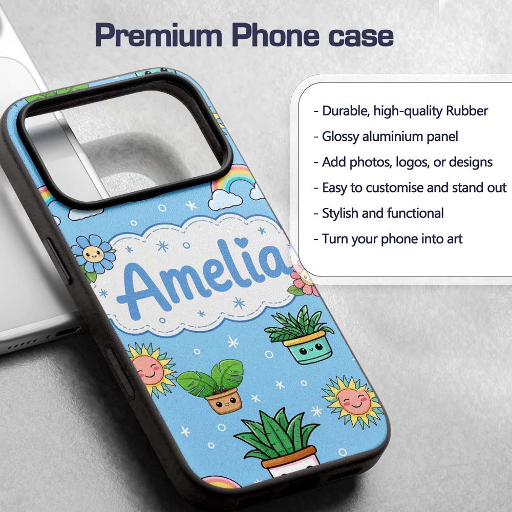Cute Kawaii Tropical Plants Rainbow Sun Blue Custom Name Protective Phone Case Mobile Cover Durable Everyday Smartphone Shock Resistant