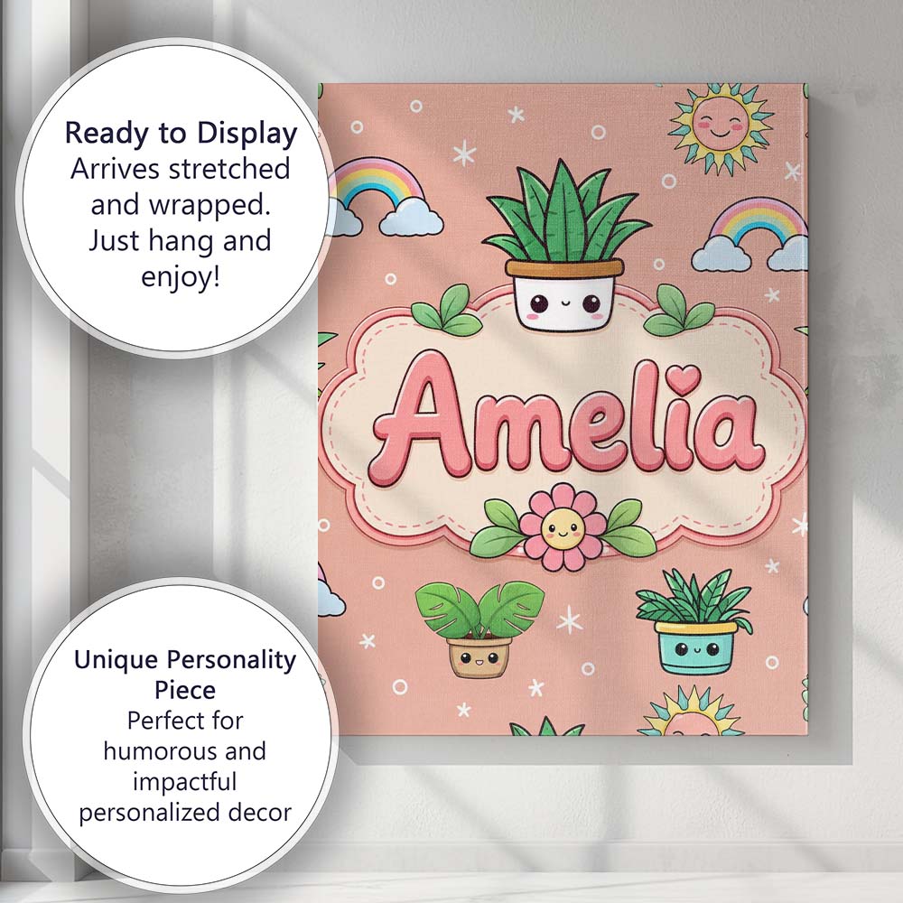Personalised Name Cute Kawaii Tropical Custom Modern Room Accent Elegant Feature Canvas Wall Art Print Decor Picture Ready to Hang