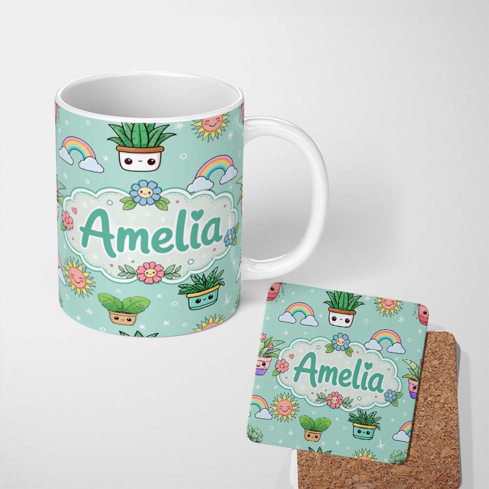 Personalized Custom Name Cute Kawaii Tropical Plants Rainbow Sun Mint Background Seamless 11oz Ceramic Coffee Tea Mug White Large Handle