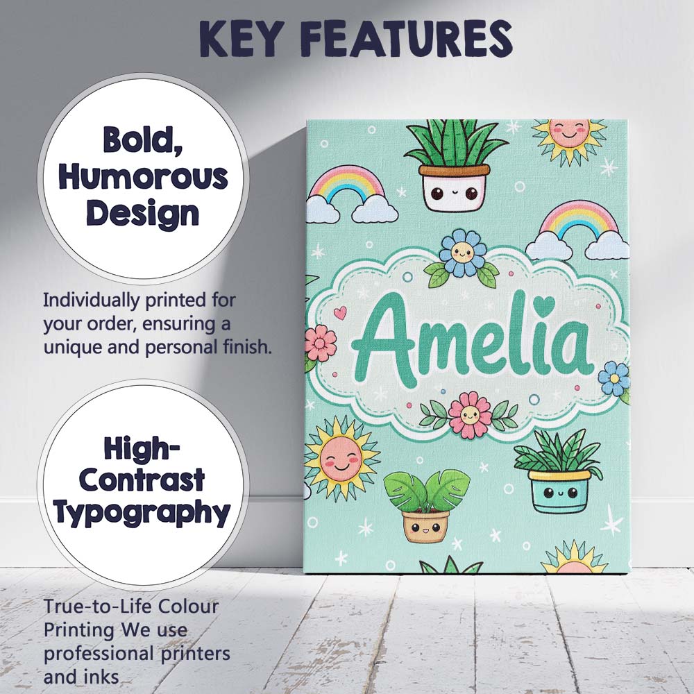Personalised Name Cute Kawaii Tropical Custom Modern Room Accent Elegant Feature Canvas Wall Art Print Decor Picture Ready to Hang