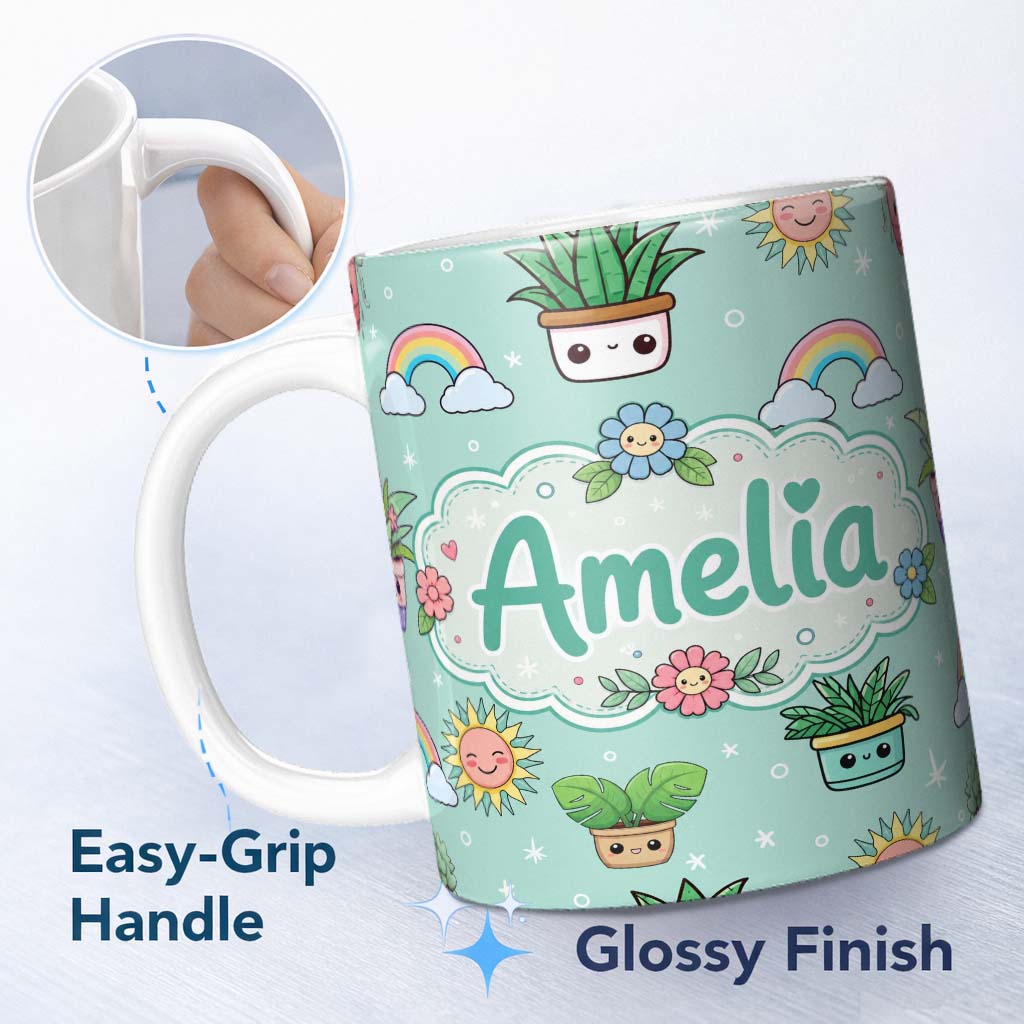 Personalized Custom Name Cute Kawaii Tropical Plants Rainbow Sun Mint Background Seamless 11oz Ceramic Coffee Tea Mug White Large Handle