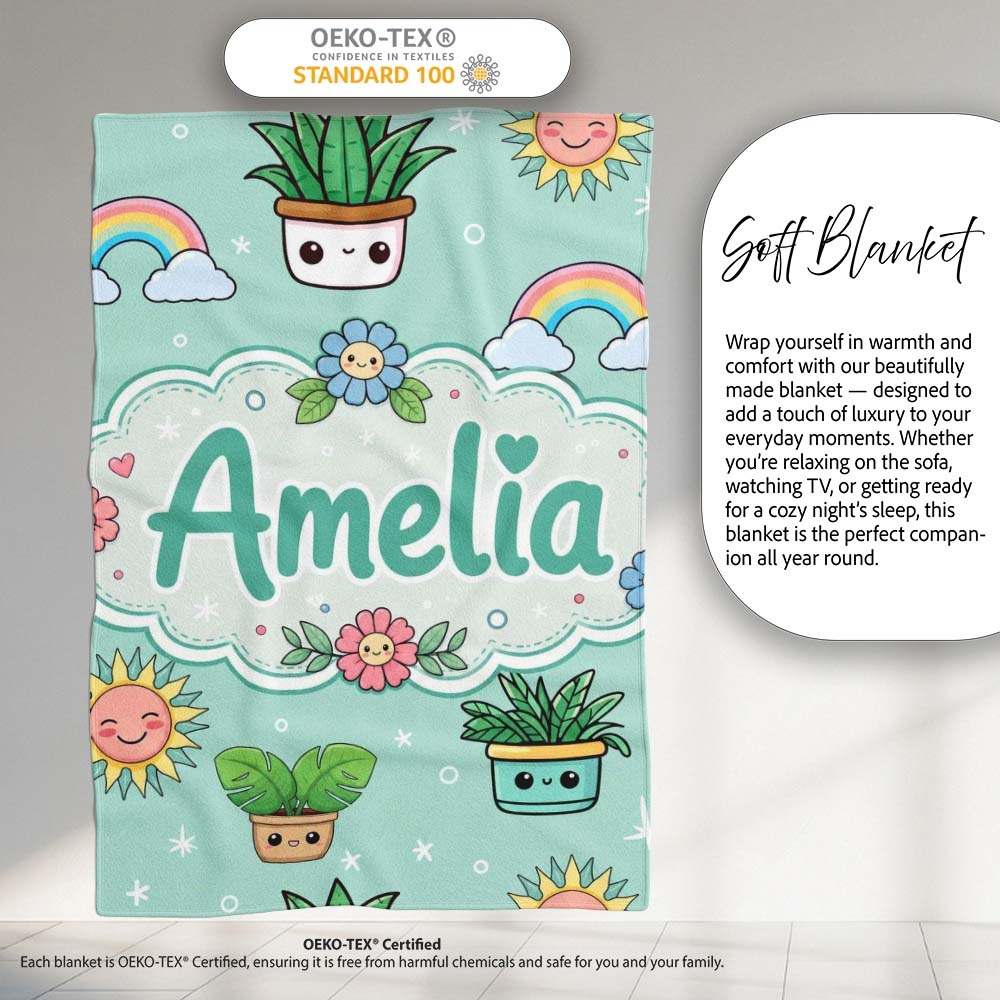 Cute Kawaii Tropical Plants Rainbow Sun Mint Background Seamless Personalised Custom Name Super Soft Fleece Blanket Bed Sofa Throw