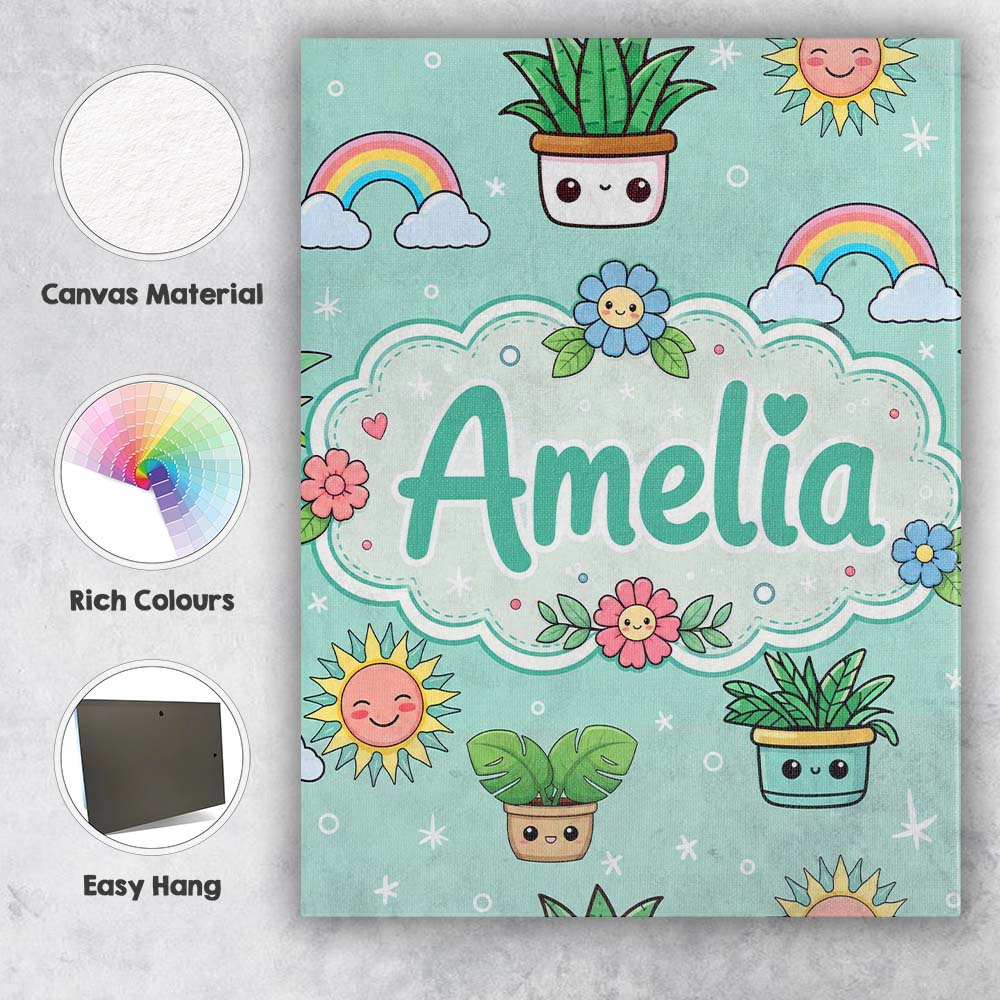 Personalised Name Cute Kawaii Tropical Custom Modern Room Accent Elegant Feature Canvas Wall Art Print Decor Picture Ready to Hang