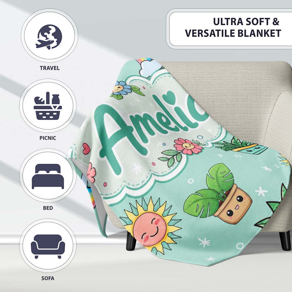 Cute Kawaii Tropical Plants Rainbow Sun Mint Background Seamless Personalised Custom Name Super Soft Fleece Blanket Bed Sofa Throw