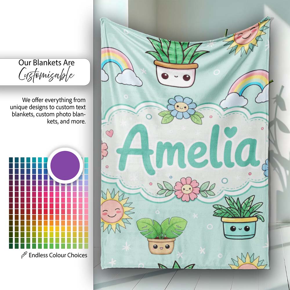Cute Kawaii Tropical Plants Rainbow Sun Mint Background Seamless Personalised Custom Name Super Soft Fleece Blanket Bed Sofa Throw