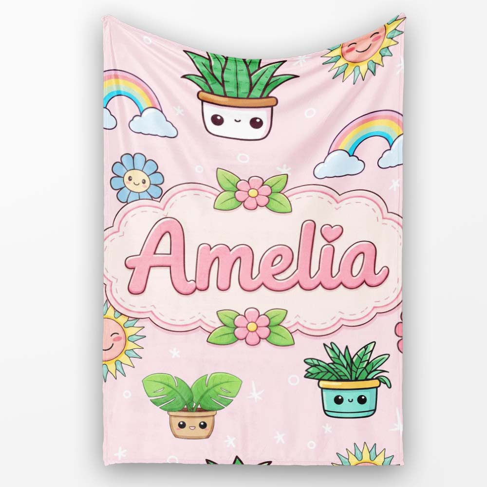 Cute Kawaii Tropical Plants Rainbow Sun Soft Pink Background Personalised Custom Name Super Soft Fleece Blanket Bed Sofa Throw