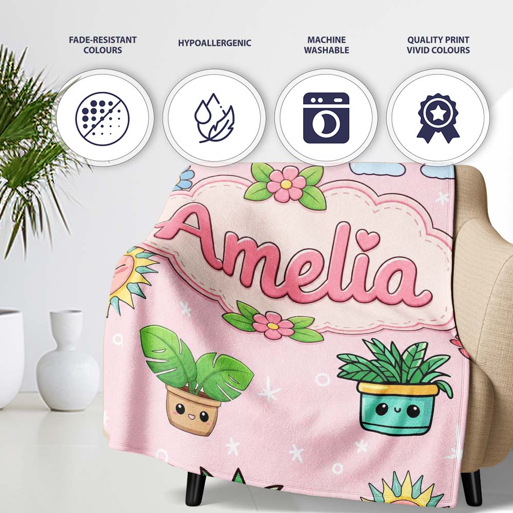 Cute Kawaii Tropical Plants Rainbow Sun Soft Pink Background Personalised Custom Name Super Soft Fleece Blanket Bed Sofa Throw