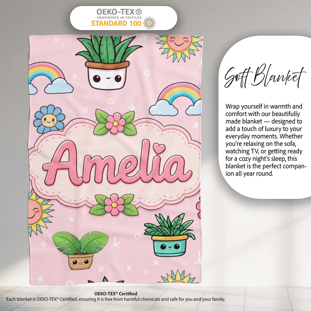 Cute Kawaii Tropical Plants Rainbow Sun Soft Pink Background Personalised Custom Name Super Soft Fleece Blanket Bed Sofa Throw