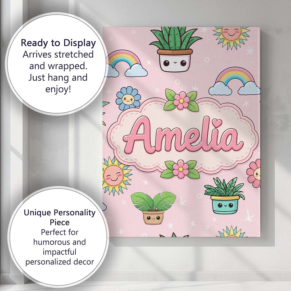 Personalised Name Cute Kawaii Tropical Custom Modern Room Accent Elegant Feature Canvas Wall Art Print Decor Picture Ready to Hang