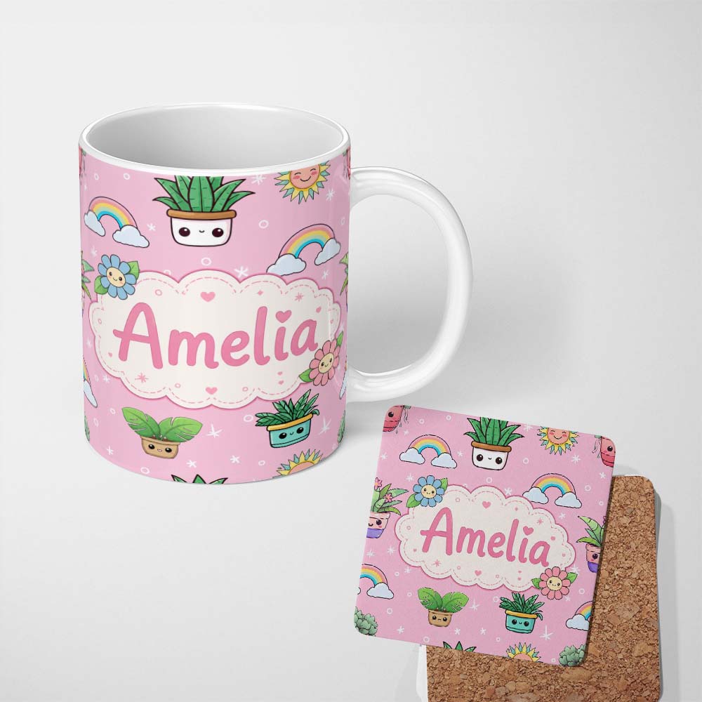 Personalized Custom Name Cute Kawaii Tropical Plants Rainbow Sun Blush Pink Background 11oz Ceramic Coffee Tea Mug White Large Handle