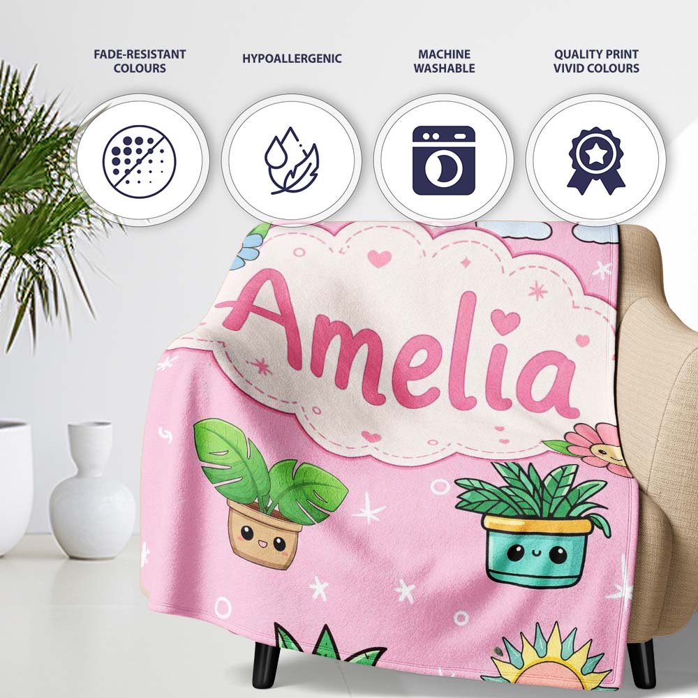 Cute Kawaii Tropical Plants Rainbow Sun Blush Pink Background Personalised Custom Name Super Soft Fleece Blanket Bed Sofa Throw
