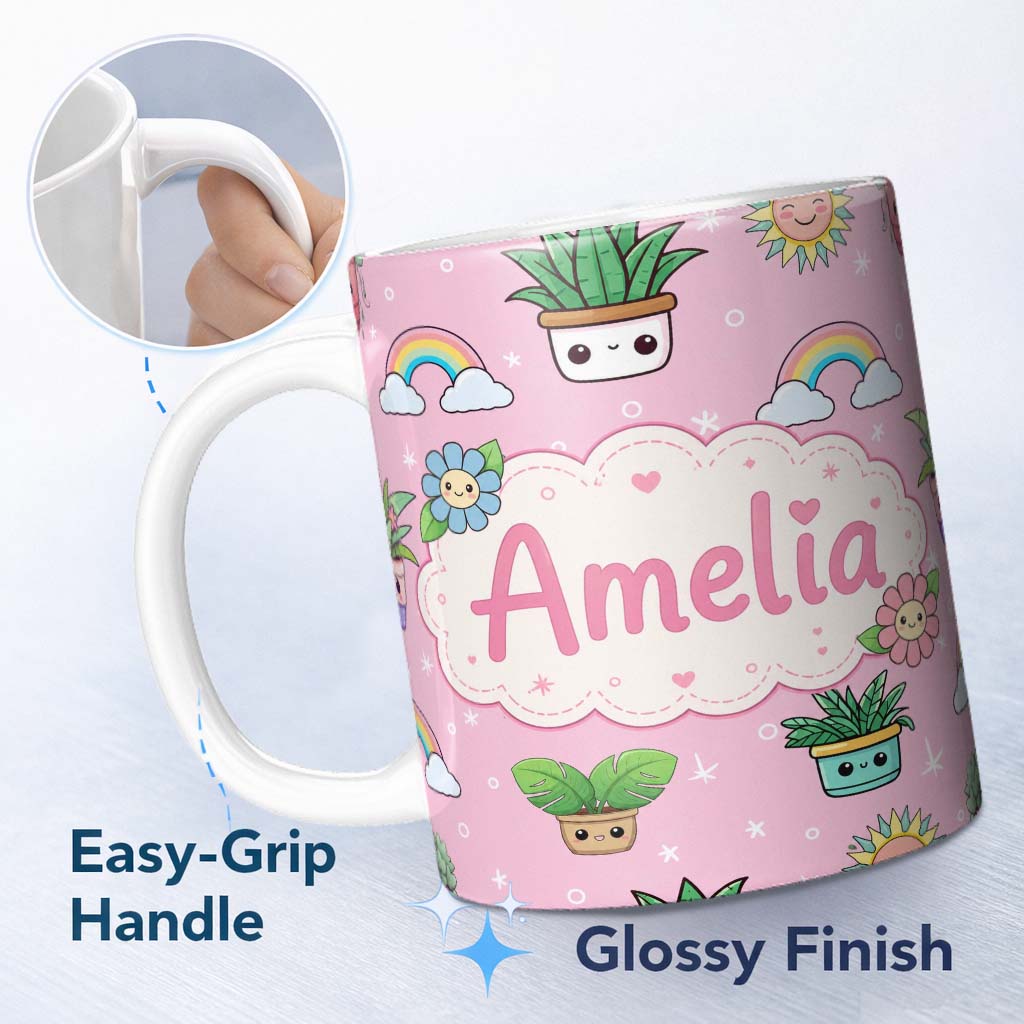 Personalized Custom Name Cute Kawaii Tropical Plants Rainbow Sun Blush Pink Background 11oz Ceramic Coffee Tea Mug White Large Handle