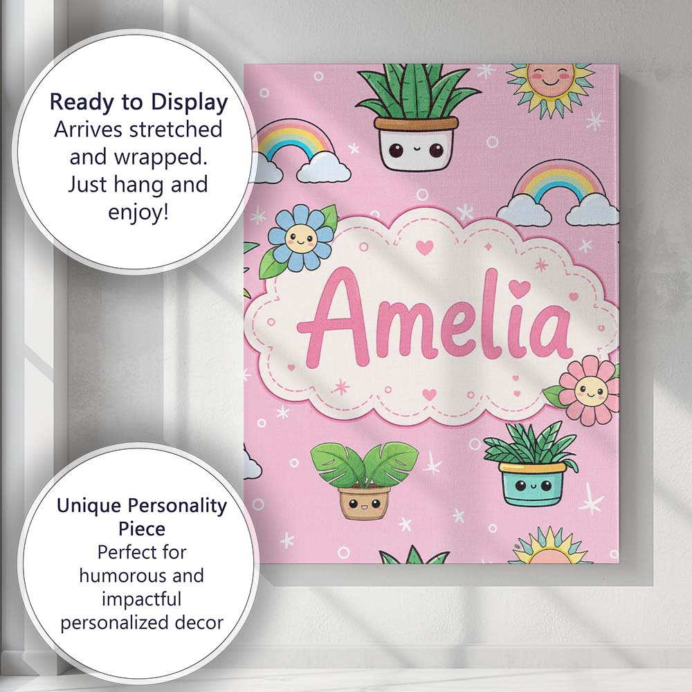 Personalised Name Cute Kawaii Tropical Custom Modern Room Accent Elegant Feature Canvas Wall Art Print Decor Picture Ready to Hang