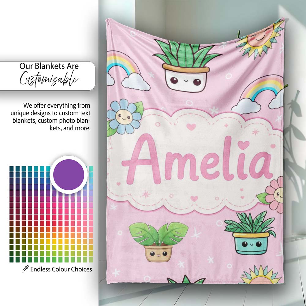 Cute Kawaii Tropical Plants Rainbow Sun Blush Pink Background Personalised Custom Name Super Soft Fleece Blanket Bed Sofa Throw