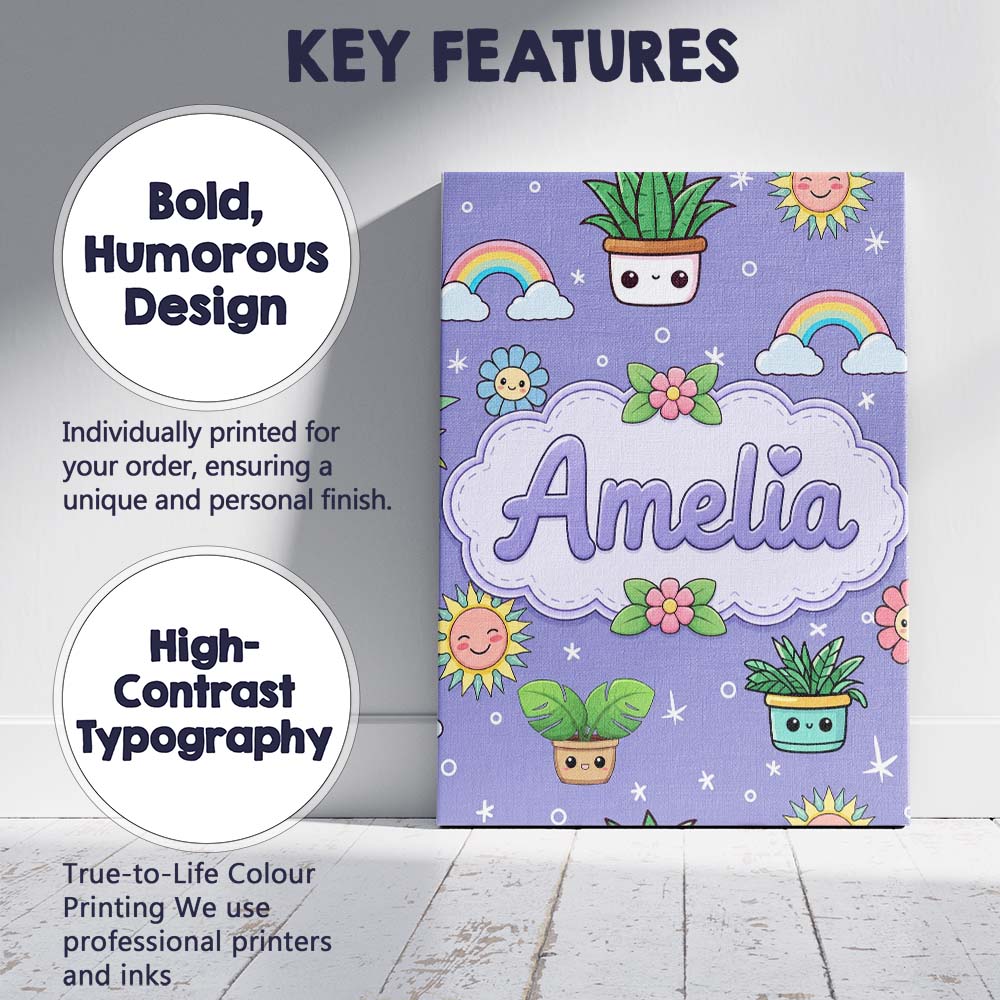 Personalised Name Cute Kawaii Tropical Custom Modern Room Accent Elegant Feature Canvas Wall Art Print Decor Picture Ready to Hang