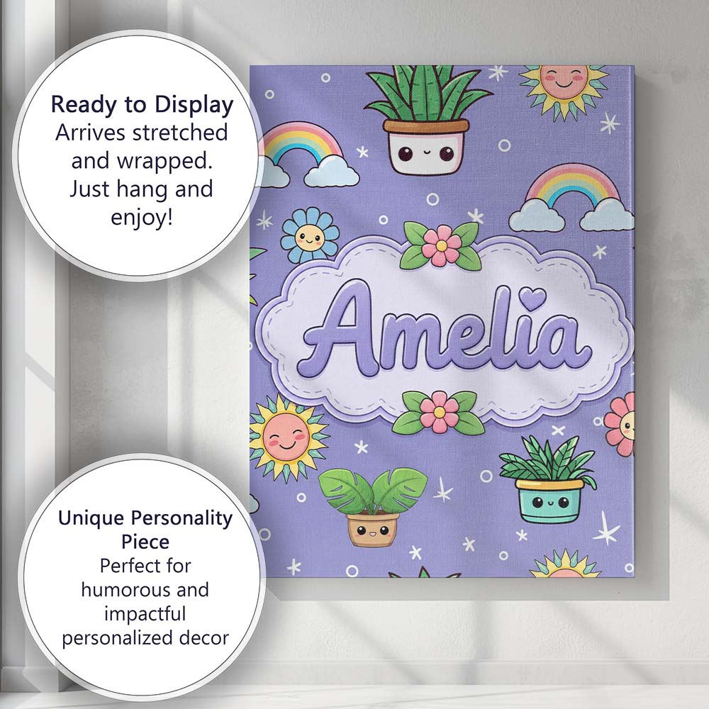 Personalised Name Cute Kawaii Tropical Custom Modern Room Accent Elegant Feature Canvas Wall Art Print Decor Picture Ready to Hang