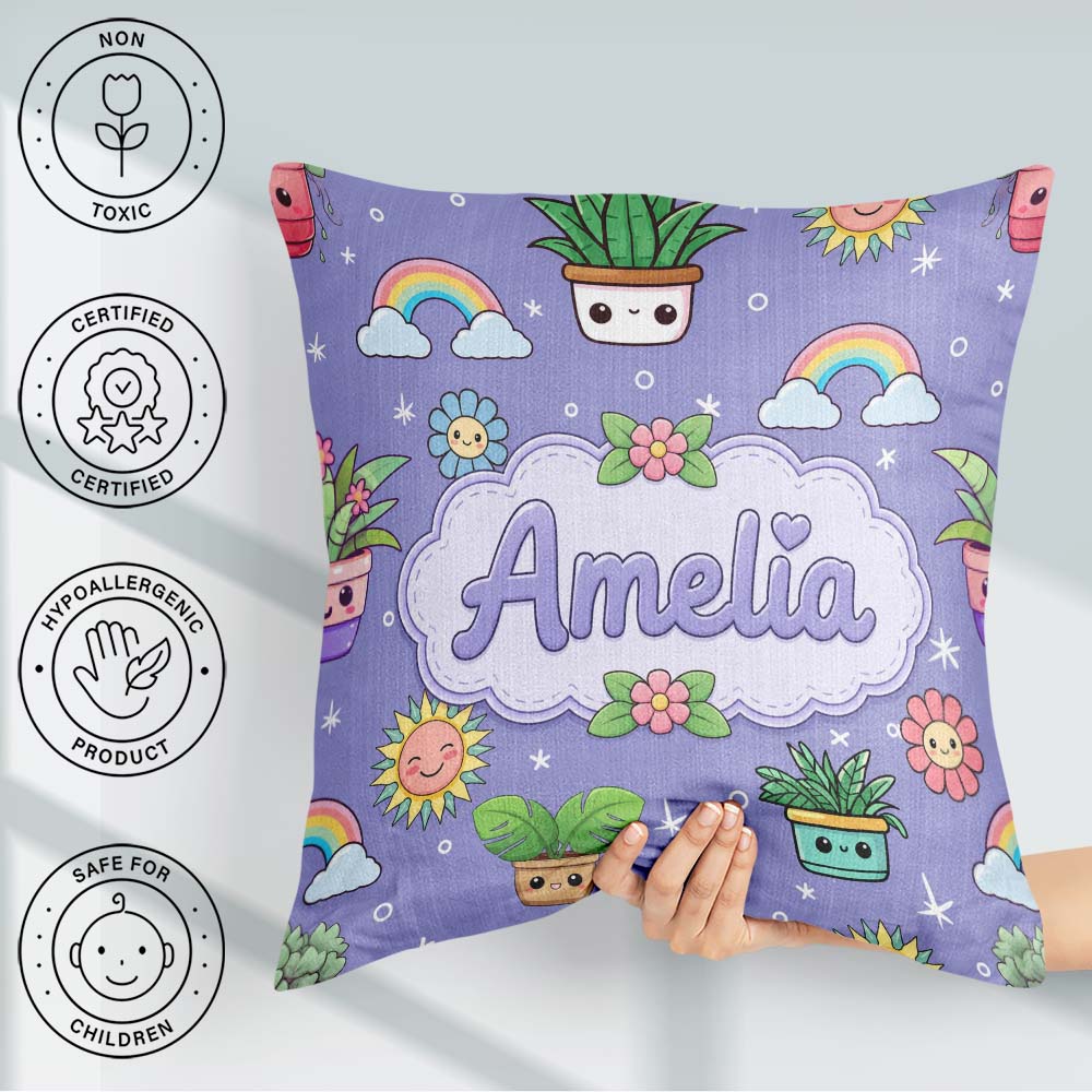 Custom Name Kawaii Tropical Plants Rainbow Sun Purple Background Square Filled Cushion Throw Pillow Sofa Bed Home Decor Zip Washable UK Made