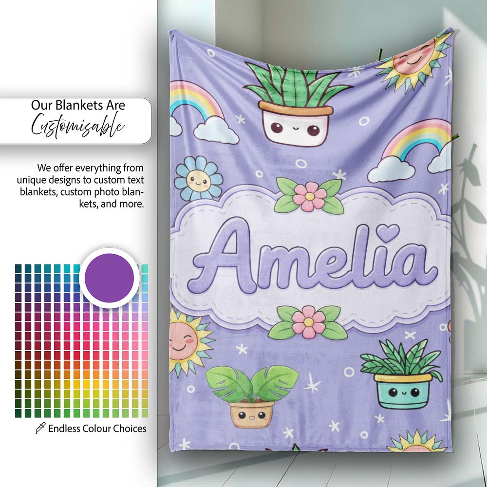 Cute Kawaii Tropical Plants Rainbow Sun Purple Background Seamless Personalised Custom Name Super Soft Fleece Blanket Bed Sofa Throw