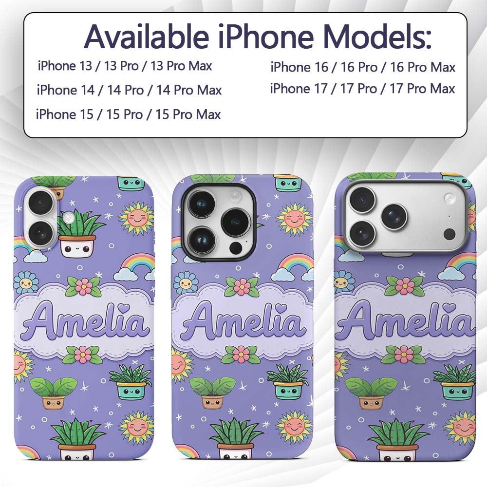 Cute Kawaii Tropical Plants Rainbow Sun Purple Custom Name Protective Phone Case Mobile Cover Durable Everyday Smartphone Shock Resistant