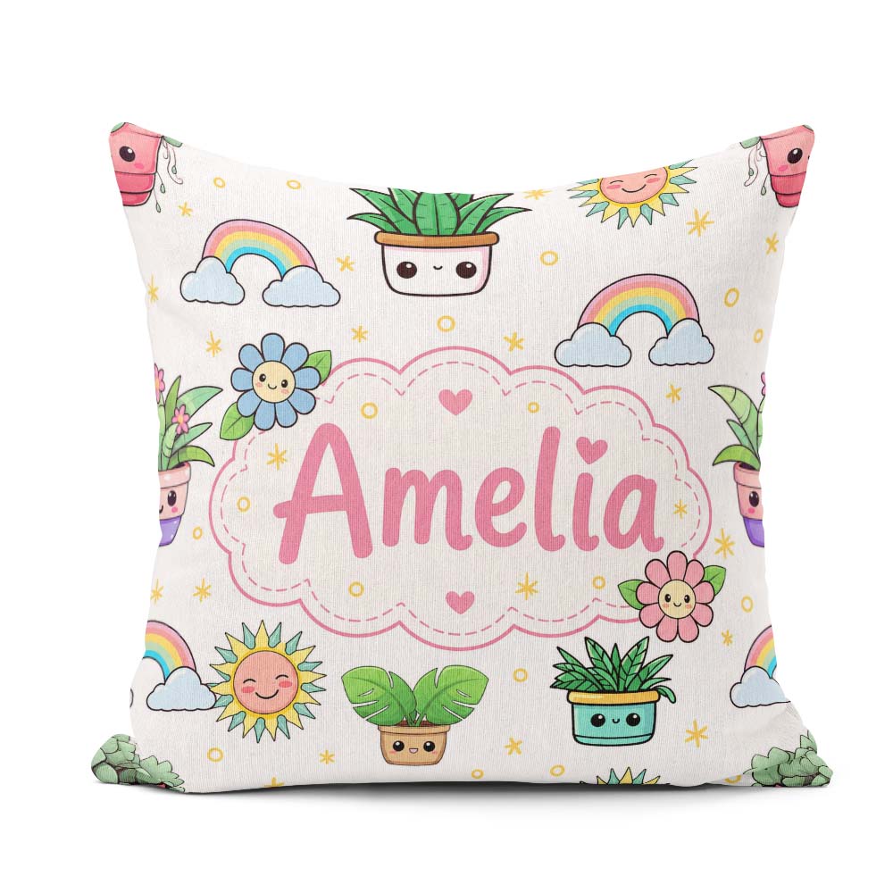 Custom Name Kawaii Tropical Rainbow Sun Grey Background Seamless Square Filled Cushion Throw Pillow Sofa Bed Home Decor Zip Washable UK Made