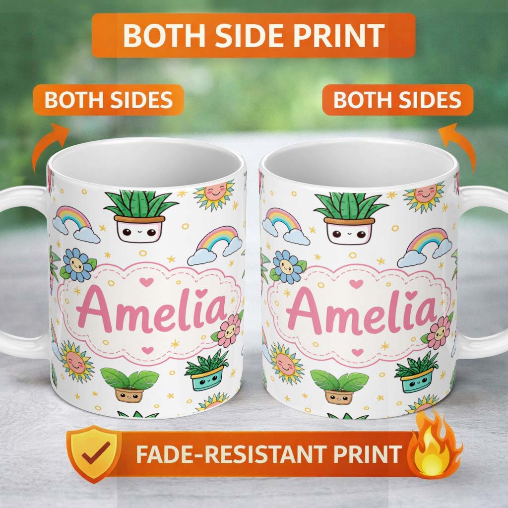 Personalized Custom Name Cute Kawaii Tropical Plants Rainbow Sun Grey Background Seamless 11oz Ceramic Coffee Tea Mug White Large Handle