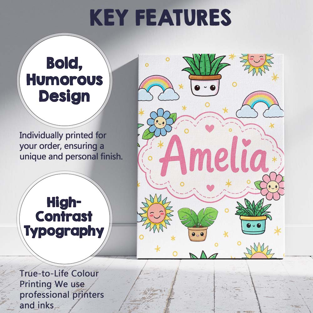 Personalised Name Cute Kawaii Tropical Custom Modern Room Accent Elegant Feature Canvas Wall Art Print Decor Picture Ready to Hang