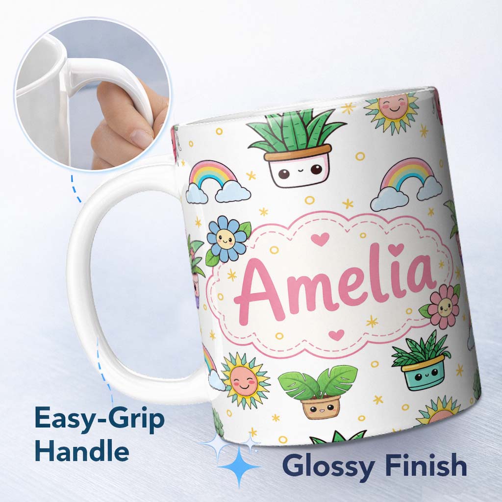 Personalized Custom Name Cute Kawaii Tropical Plants Rainbow Sun Grey Background Seamless 11oz Ceramic Coffee Tea Mug White Large Handle