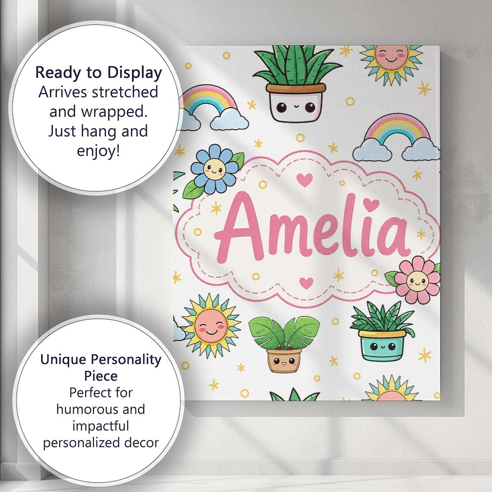Personalised Name Cute Kawaii Tropical Custom Modern Room Accent Elegant Feature Canvas Wall Art Print Decor Picture Ready to Hang