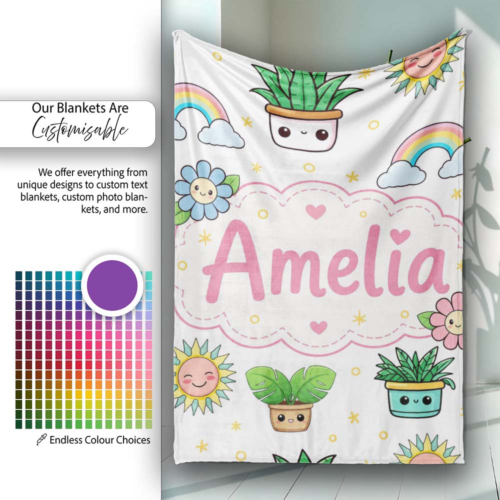 Cute Kawaii Tropical Plants Rainbow Sun Grey Background Seamless Personalised Custom Name Super Soft Fleece Blanket Bed Sofa Throw