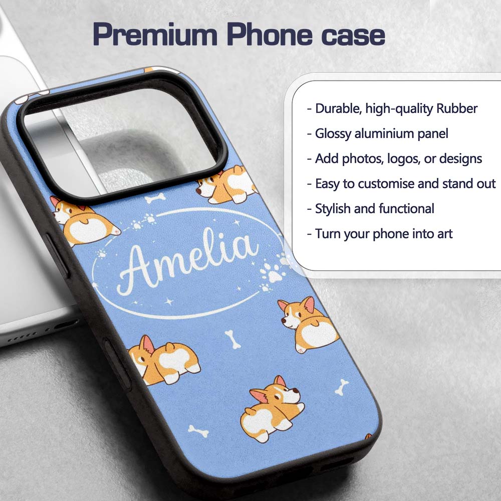 Cute Cartoon Corgi Dogs Bone Blue Background Custom Name Protective Phone Case Mobile Cover Durable Everyday Smartphone Shock Resistant