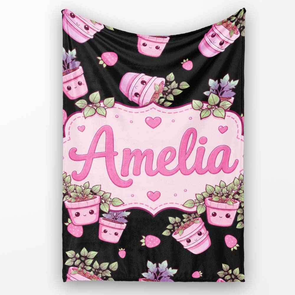 Cute Kawaii Pink Plant Pots Strawberries Seamless Pattern Name Personalised Custom Name Super Soft Fleece Blanket Bed Sofa Throw