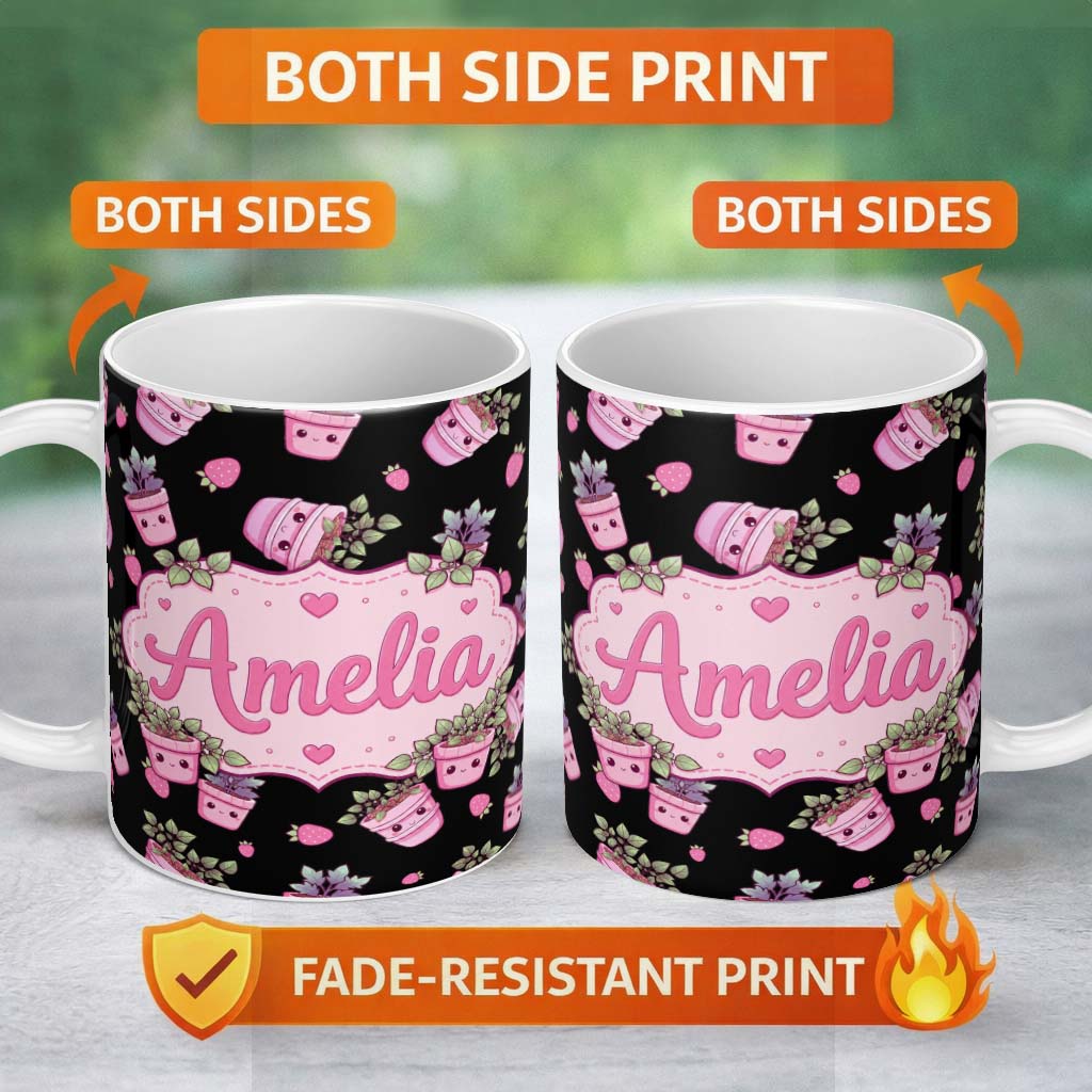 Personalized Custom Name Cute Kawaii Pink Plant Pots Strawberries Seamless Pattern Name 11oz Ceramic Coffee Tea Mug White Large Handle