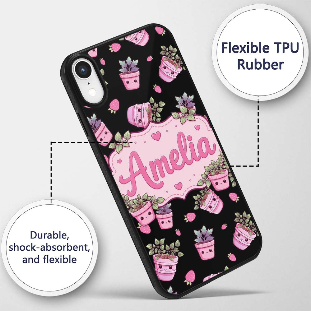 Cute Kawaii Pink Plant Pots Strawberries Seamless Custom Name Protective Phone Case Mobile Cover Durable Everyday Smartphone Shock Resistant