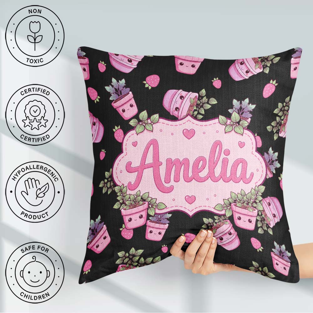 Custom Name Cute Kawaii Pink Plant Pots Seamless Pattern Name Square Filled Cushion Throw Pillow Sofa Bed Home Decor Zip Washable UK Made